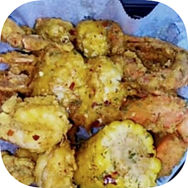 Fried crab, fried shrimp and corn